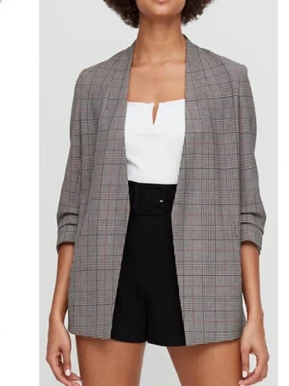 Babaton - Open-Front Power Blazer Ruched Sleeves | Glen Check Gray | Size 00